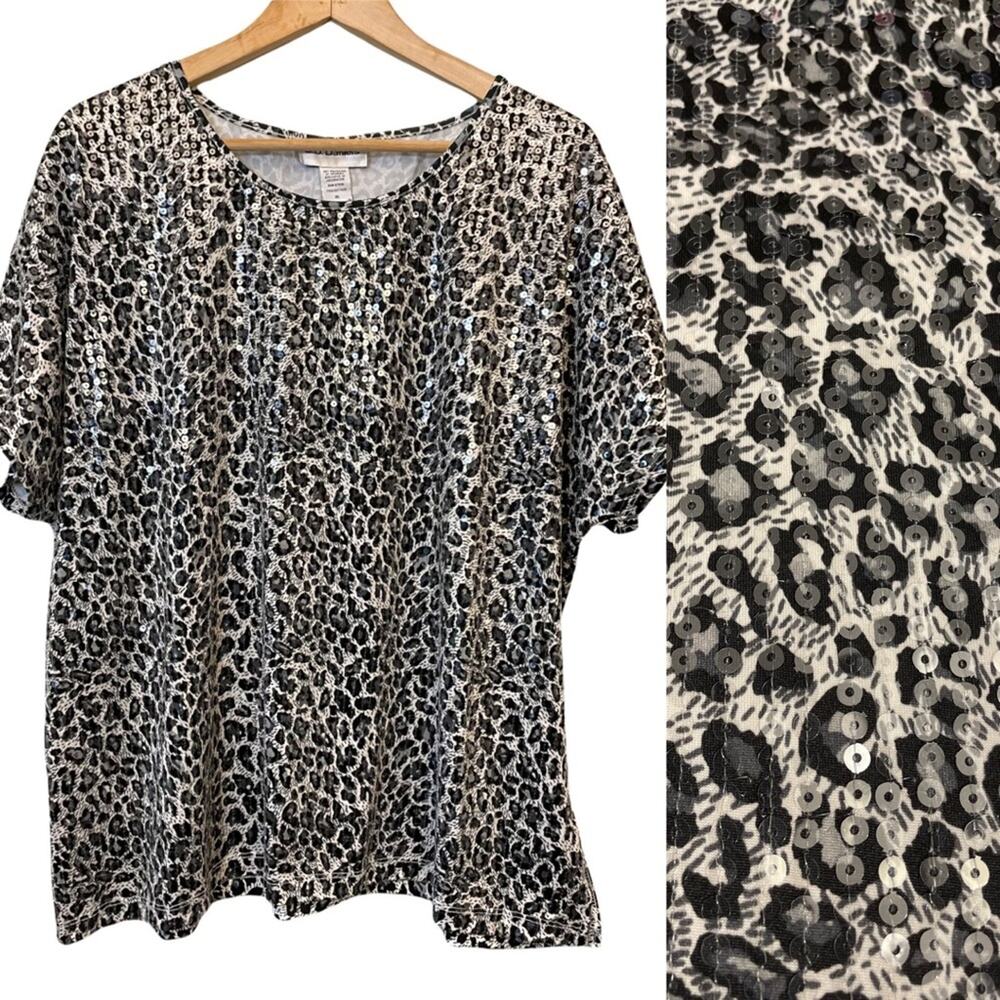 CD Daniels Animal Print Iridescent Sequin Blouse 1X Mob Wife